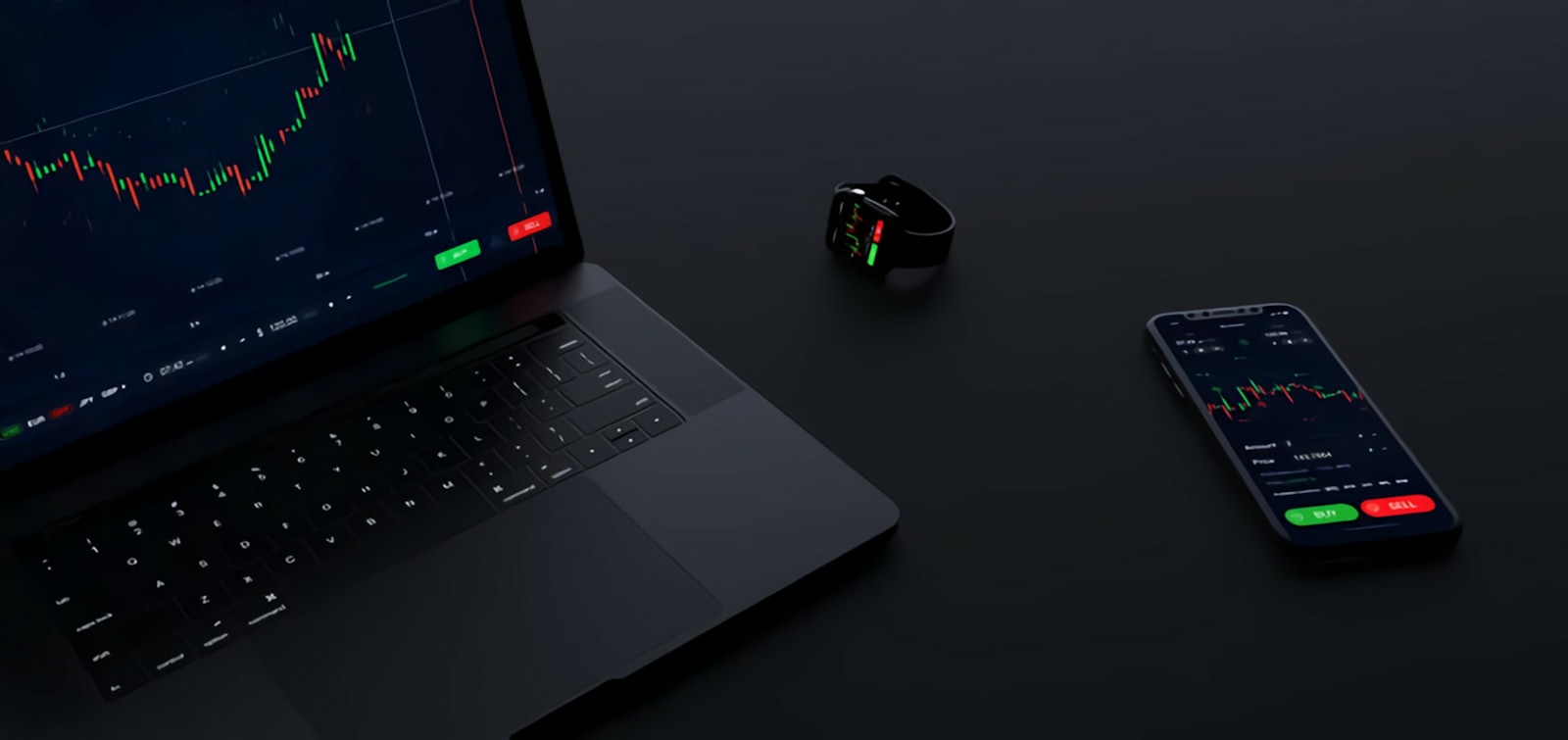 Trading charts open on a laptop, a smartwatch and a phone